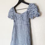 Emerson Fry Midi Dress 100% Linen Gingham Gathered Sleeve Blue Size XXS Photo 4