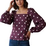 ZARA Women’s Purple Polkadot Puff Sleeve Square Neck Taffeta Blouse Size M Photo 0