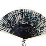 Vintage Folding Hand Fan Black Beautiful Hand Painted Flowers Delicate Fabric Photo 1