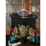 Free People Black Velvet Floral Embroidered Lace Overlay Top Size Medium Photo 1