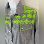 Rock & Roll Cowgirl  XL Embroidered Long Sleeved Pearl Snap Shirt in Lime n Blue Photo 1