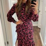 SALONI Black Rouje Floral Mock Neck Puff Sleeves Isa Ruffle Midi Dress Size 12 Photo 15