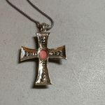 Elegant Sterling Silver Cross Pendant Necklace with Coral and Marcasite Photo 3