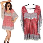 Free People  Heart of Gold Red Blue Boho Flowy Dramatic Sleeve Mini Dress Small Photo 1