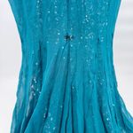 Badgley Mischka  Teal Silk Sequin Evening Gown Size 14 Draped Cape Formal Photo 8