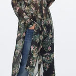 ZARA Premium Denim Floral Button Front Long Blouse Black Small Photo 0