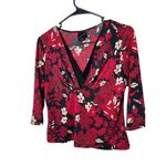 j.t.b. Y2K Red Black White Floral VNeck 3/4 Sleeve Stretchy Blouse‎ Small Photo 1