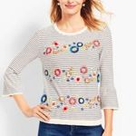 Talbots  Striped Beaded Floral Crewneck Sweater Flare Sleeve Size L Photo 1