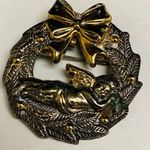 Christmas Pin Brooch Pendant BEST Wreath Sleeping Angel Cherub Baby Two Toned Gold Photo 1