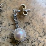 Sterling Silver 7mm Sunburst Button Freshwater Pearl CZ Halo Drop Earrings 925 Photo 4