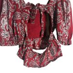 Sea New York Theodora Red Paisley Print Puff Sleeve Square Neck Crochet Trim Top Photo 12