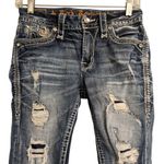 Rock Revival  Blue Distressed Embroidered Rhinestone Agata Skinny Jeans Size 25 Photo 2