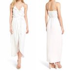 Everly White Satin Ruffle Front Slit Mock Wrap Maxi Dress Large Photo 10