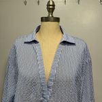 Halara  V Neck Long Sleeve Work Blouse Half Sleeve Blue Stripe Seersucker Size L Photo 1
