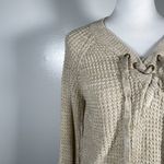 it's our time  Tan Lace Tie V Neck Waffle Knit Long Sleeve Pullover Sweater M Photo 3