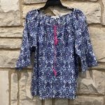 Milly  100% Cotton Blue & White Print Short Sleeve Top L Photo 1
