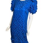 Maggy London Vintage Dress Womens 8 Blue Silk Floral Puff Sleeve Ruffle 80s Photo 0