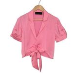 Know One Cares  Cropped Self-Tie Bottom Puff Sleeve Button Pink S Photo 0