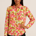 Ann Taylor  Shirt Women 8 Pink Yellow Floral Silk Cotton Button Down Preppy Boho Photo 0