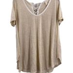 Anthropologie  T.la Beige Stripe Short Sleeve Tee Lace Up Back Small New Photo 0