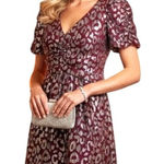 AQUA  Metallic Leopard Print Dark Red Mini Dress Short Puff Sleeves Size M NWT Photo 0