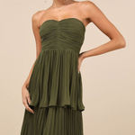 Lulus  Seriously Sensational Dress Olive Green Strapless Tiered Maxi Photo 0