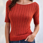 Sweater Project Ribbed Short Sleeve Knit Top Orange Scoop Neck Pulloever Small Photo 0