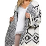 POL Aztec Print Open Front Popcorn Knit Cardigan Sweater Black Cream Medium Photo 0