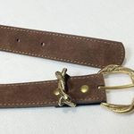 Brown Leather Belt with Gold Tone Twisted Buckle Photo 0
