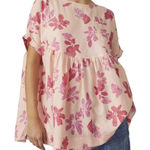 Free People We The Free Moon City Floral Linen Top Peach Pink Ruffle Hem Boho S Oversized Photo 0