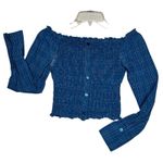 Aeropostale  Shirt Womens Small Blue Plaid Smocked Off Shoulder Button Front Photo 1