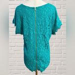 Diane Von Furstenberg  Teal Lace Blouse Feminine Romantic Silk-Lined Top Gold Zip Photo 1