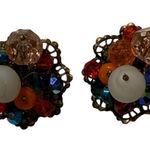 Vintage Multicolor Beaded Flower Cluster Clip On Earrings Gold Tone Retro White Photo 0
