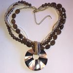 Elegant Brown and Cream Inlaid Mother of Pearl Boho Statement Necklace Photo 0