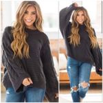 Zenana Outfitters ‎ Wide Bell Sleeves Sweater Crew Neck Pullover Gray Cable Knit Size Small Photo 13