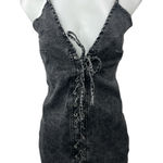 Women's Black Washed Sleeveless V Neck Lace Up Denim Jean Mini Bodycon Dress M Size M Photo 0