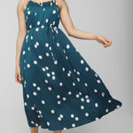 Soma  Dark Teal & White Polka Dot Pleated Tie Midi Bra Dress - Size XL Photo 0