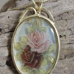 Roses Pendant Necklace 29 Inch Vintage Flowers Oval Pink Red Gold Tone Frame Photo 0