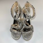 Badgley Mischka  Crystal Espadrille Wedge Platform Sandals Silver Leather Size 5 Photo 2
