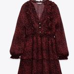 ZARA NEW Long Sleeve Animal Print Burgandy Ruffle Dress Size Medium Elastic Band Photo 8