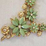 Statement Green and Gold Floral Necklace and Earrings Set Photo 3