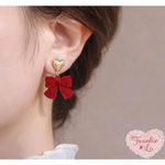 Gold Heart Stud Red Velvet Bow Dangle Earrings Coquette Valentine NWT Photo 5