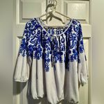 Perceptions PerSeption top blouse - petite large - blue and off white filigree pattern Photo 2