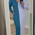 BUSAYO X RTR Teal Lilac Colorblock 100% Wool Button Down Rib Sweater Dress XS Purple Photo 13