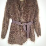 Vintage Brown Long Hair‎ MOHAIR Blend Open Cardigan Sweater Knit Belt Fuzzy Size M Photo 2