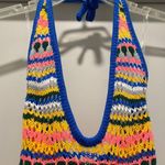 NWT THANNE Multicolor Striped Crochet Knit Unlined Halter Tie Mini Dress Yellow Size XS Photo 7