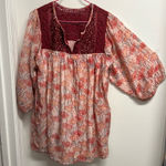 Floral Silk Blend Peasant Blouse with Lace Detail Red Size M Photo 0