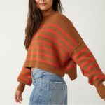 Free People  Easy Street Stripe Crop Pullover Sweater Brown Orange Large Photo 5