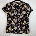 Covington  Black Floral Short Sleeve Button Up Top Ruffle Size 14 Photo 0
