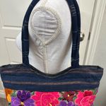 Guatemalan 100% Cotton Handmade Vibrant Embroidered Denim Medium Sized Tote Blue Photo 2